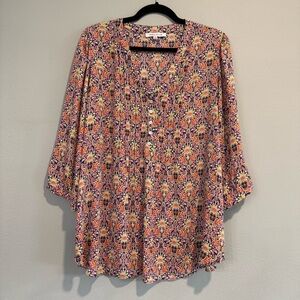 Rose Olive Tunic Blouse Floral Colorful 3/4 Sleeve 1X
